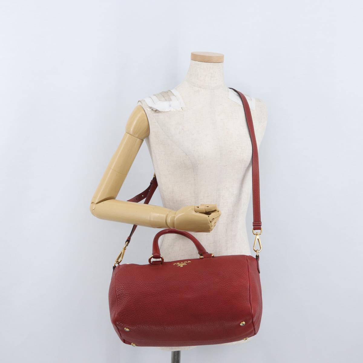 PRADA Hand Bag Leather 2way Red Gold Auth ka2905