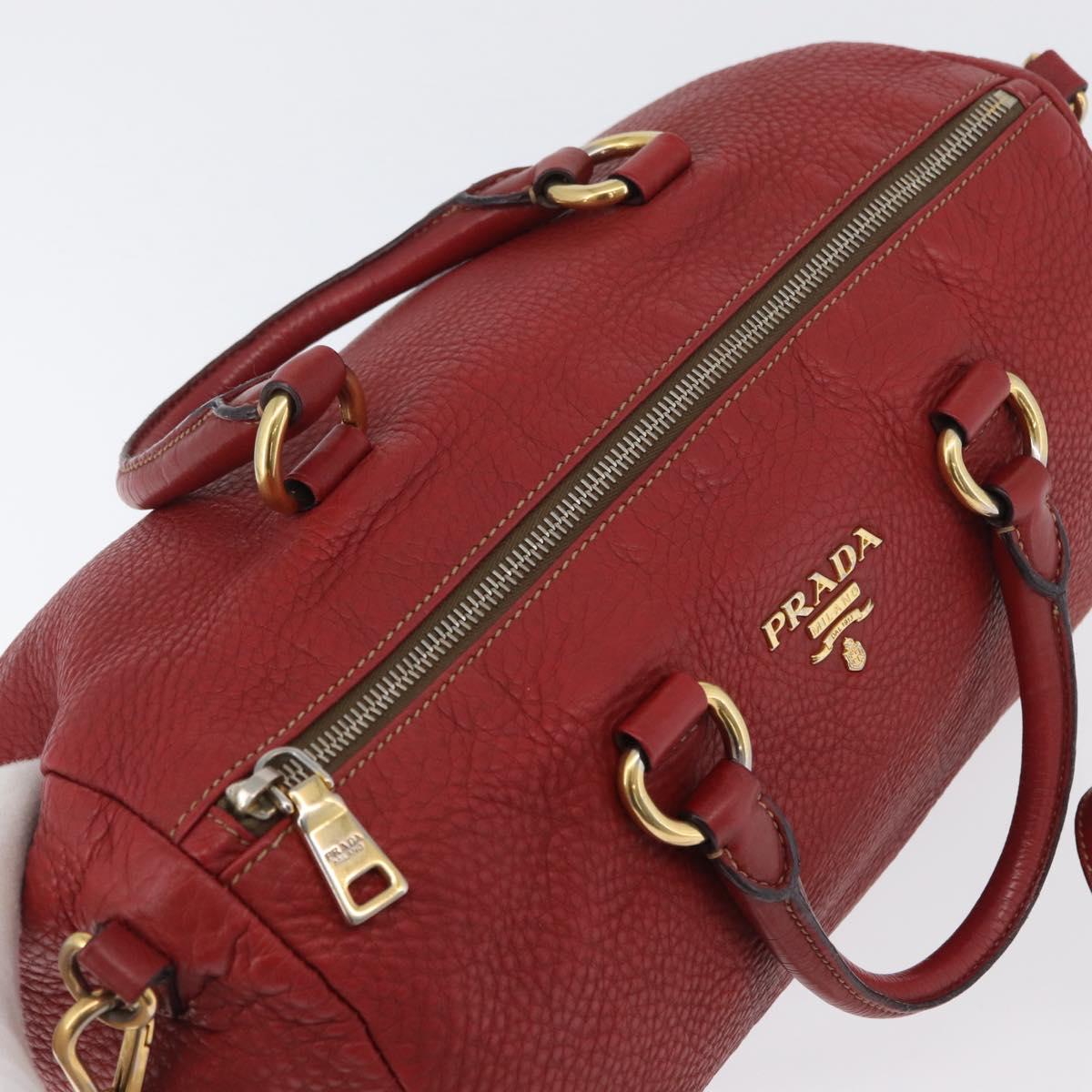 PRADA Hand Bag Leather 2way Red Gold Auth ka2905