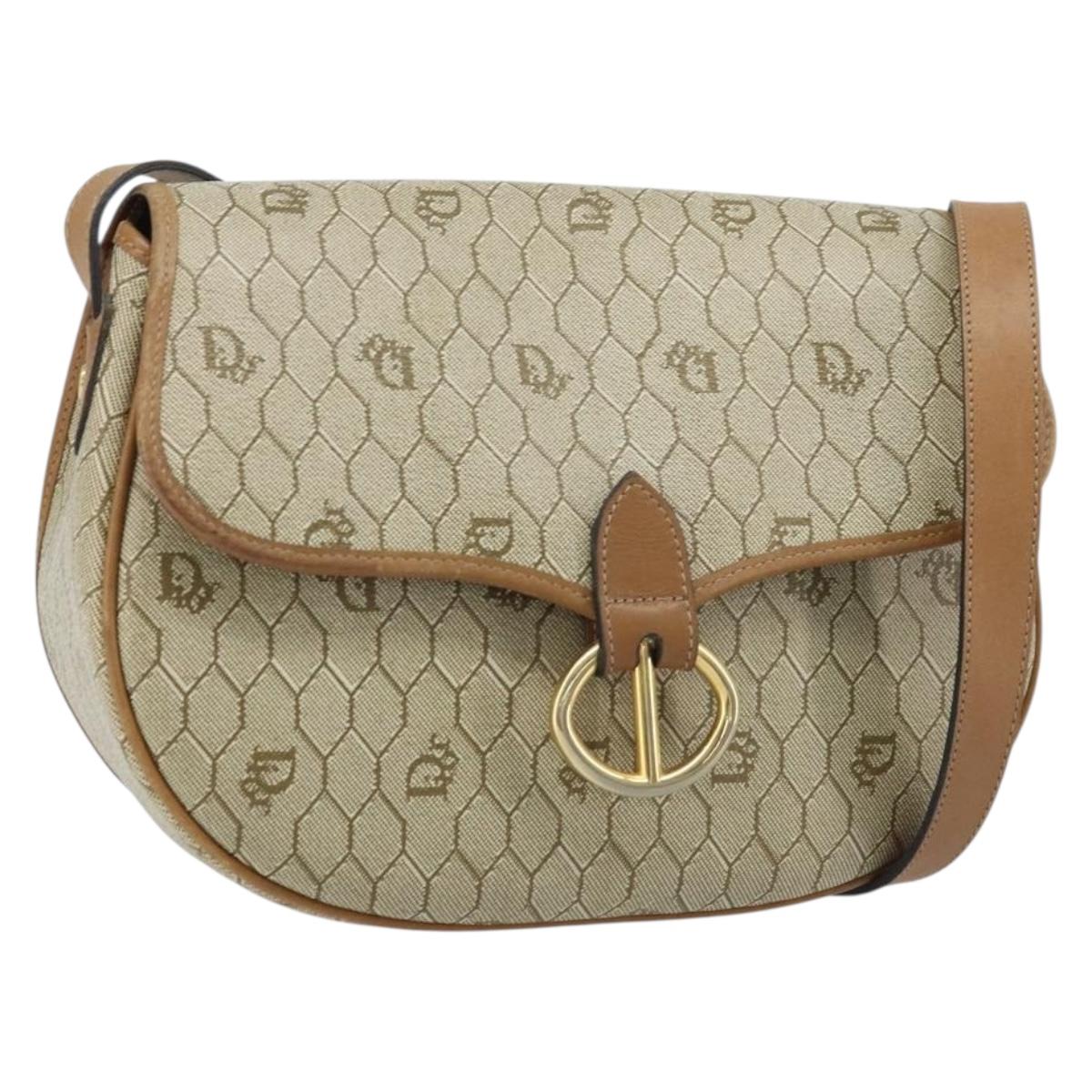Christian Dior Honeycomb Canvas Shoulder Bag PVC Beige Gold Auth ka2907