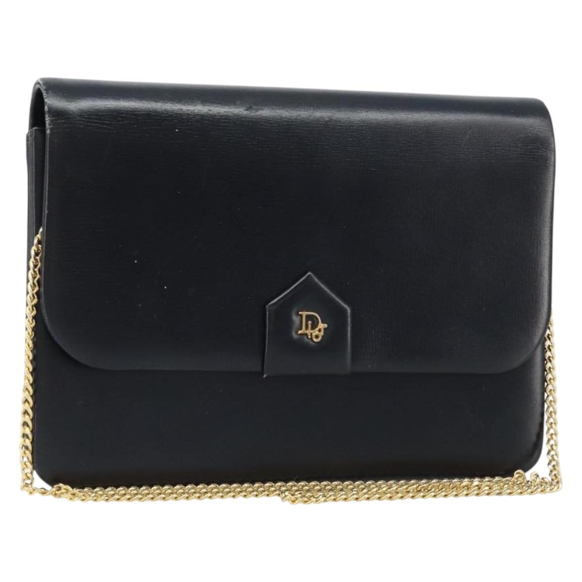 Christian Dior Chain Shoulder Bag Leather Black Gold Auth ka2947A