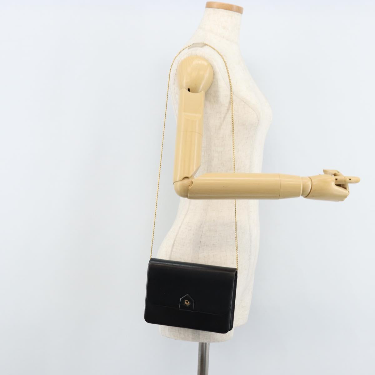 Christian Dior Chain Shoulder Bag Leather Black Gold Auth ka2947A