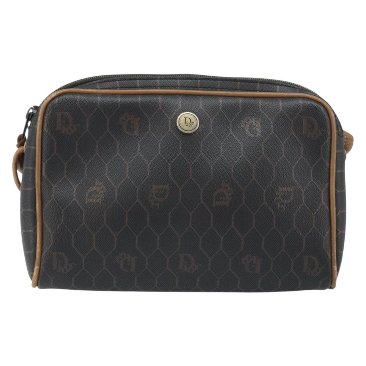 Christian Dior Honeycomb Canvas Shoulder Bag PVC Black Gold Auth ka2948