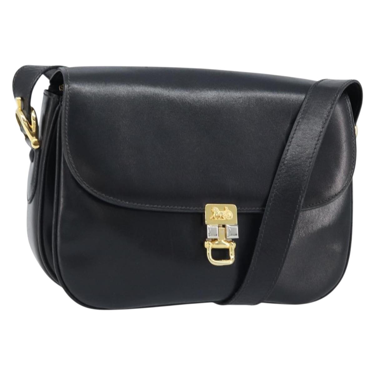 CELINE Horse Carriage Shoulder Bag Leather Black Gold Auth ka2957