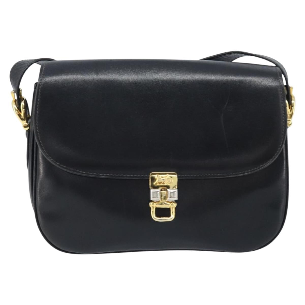 CELINE Horse Carriage Shoulder Bag Leather Black Gold Auth ka2957
