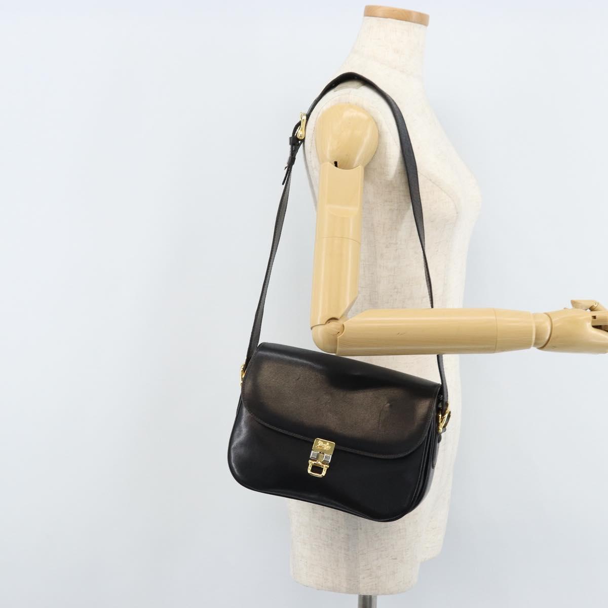 CELINE Horse Carriage Shoulder Bag Leather Black Gold Auth ka2957