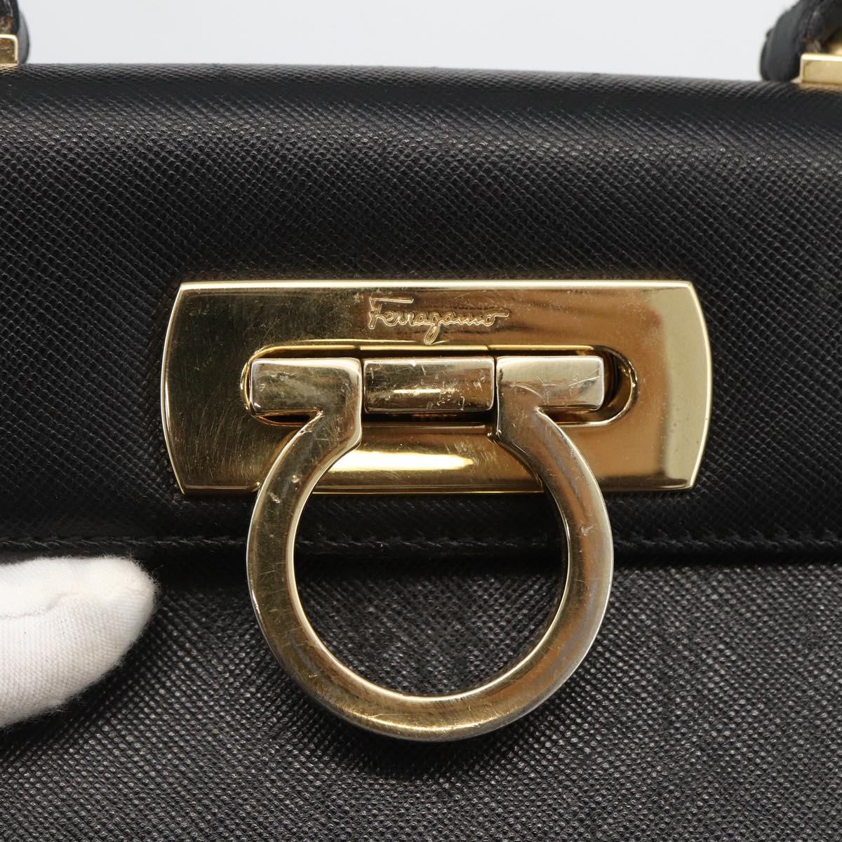 Salvatore Ferragamo Gancini Hand Bag Leather Black Gold Auth ka2959