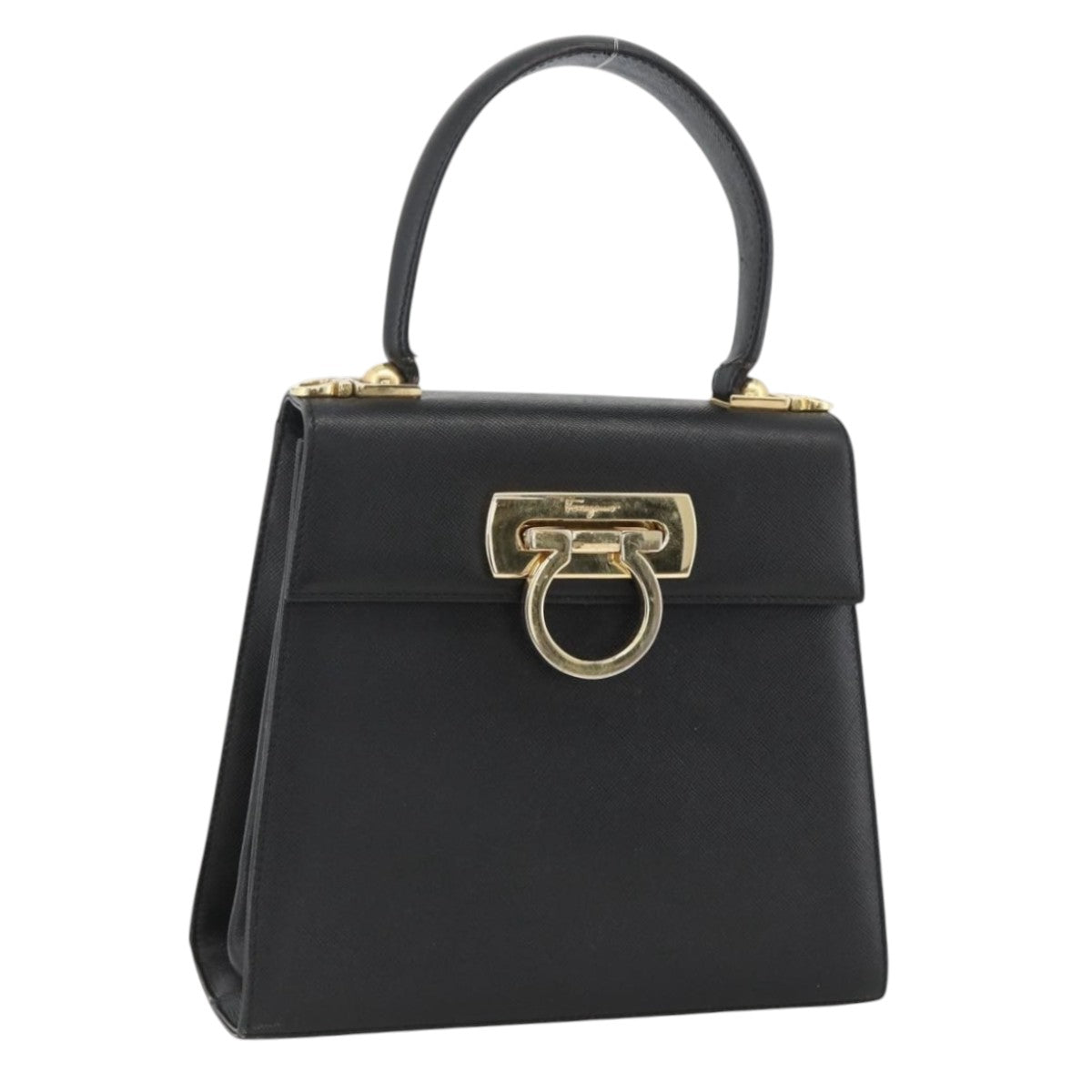 Salvatore Ferragamo Gancini Hand Bag Leather Black Gold Auth ka2959