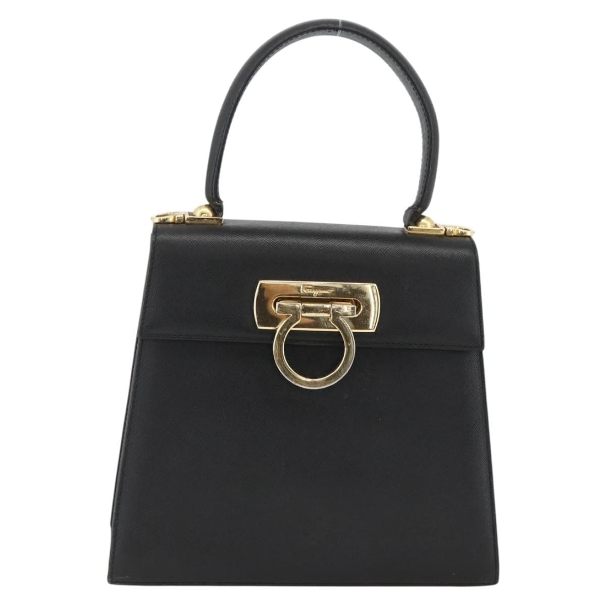 Salvatore Ferragamo Gancini Hand Bag Leather Black Gold Auth ka2959