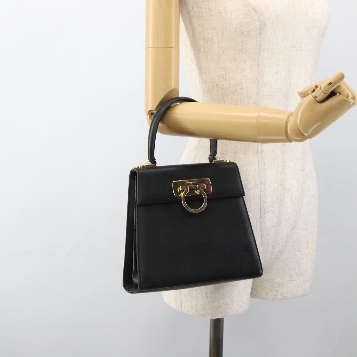 Salvatore Ferragamo Gancini Hand Bag Leather Black Gold Auth ka2959