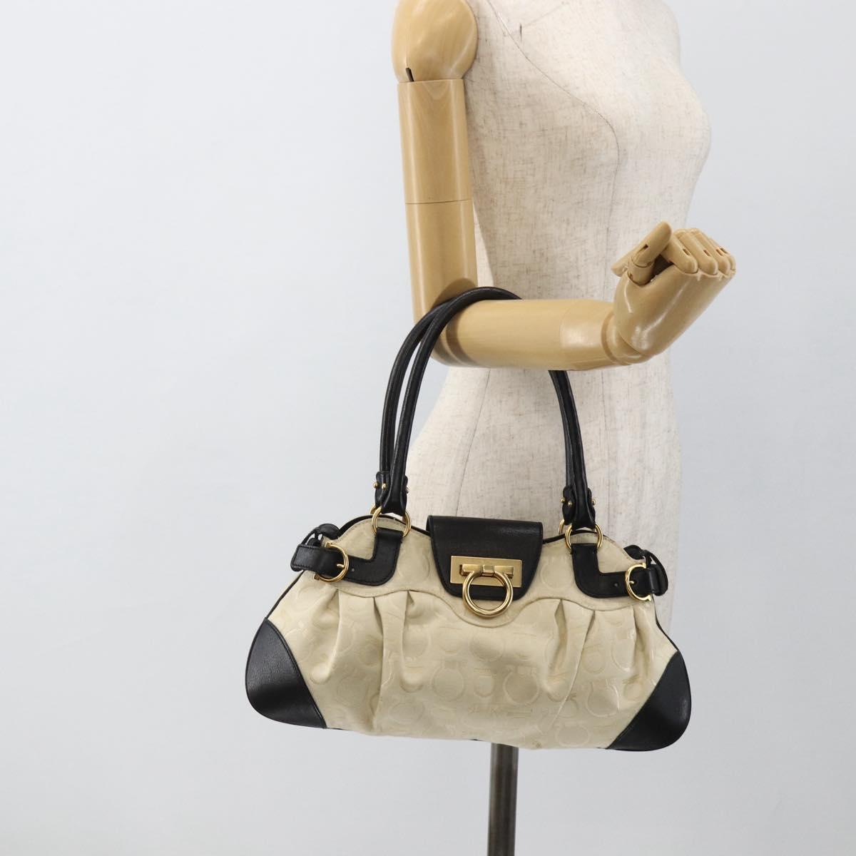 Salvatore Ferragamo Hand Bag Canvas Beige Black Auth ka2979