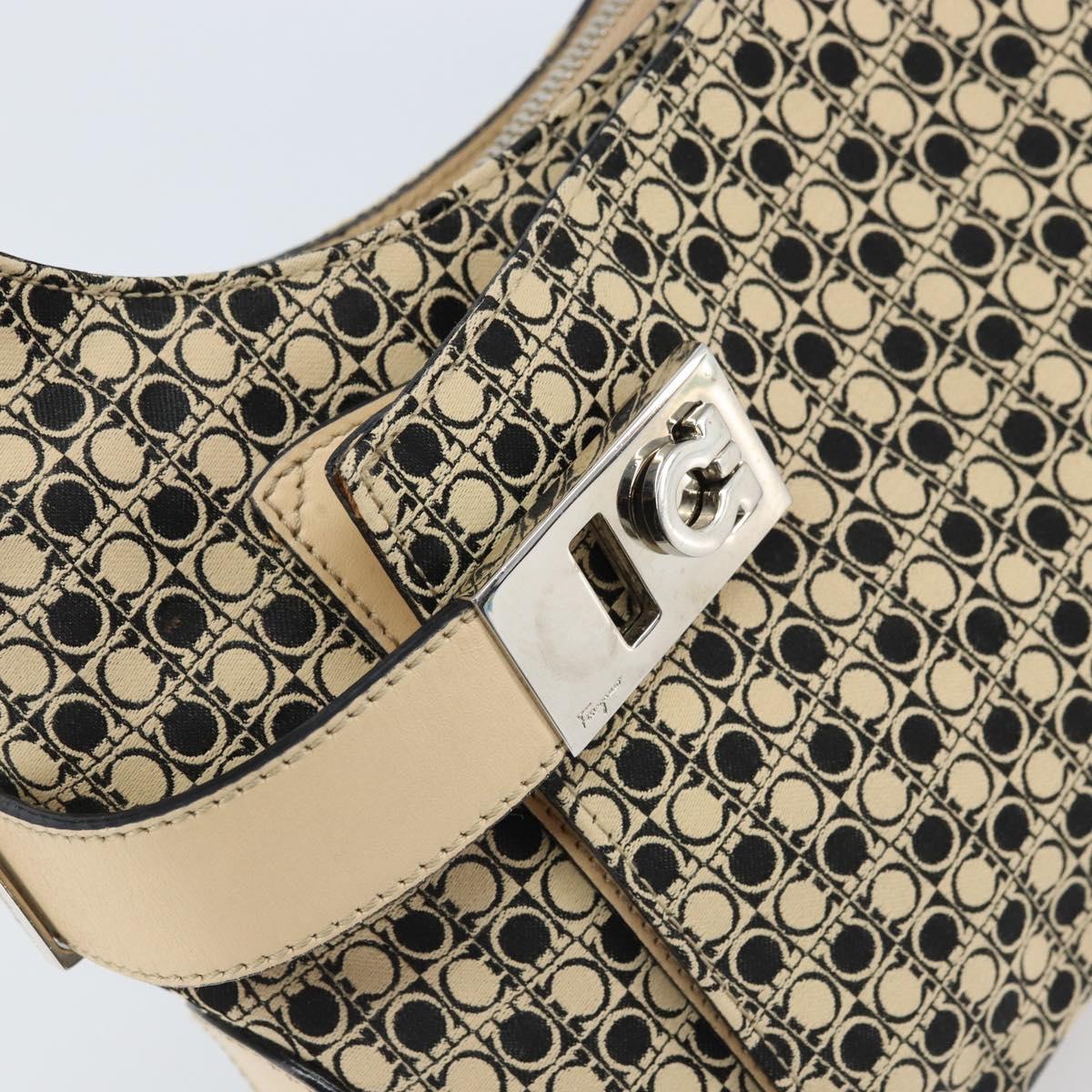 Salvatore Ferragamo Gancini Shoulder Bag Canvas Beige Silver Auth ka2988