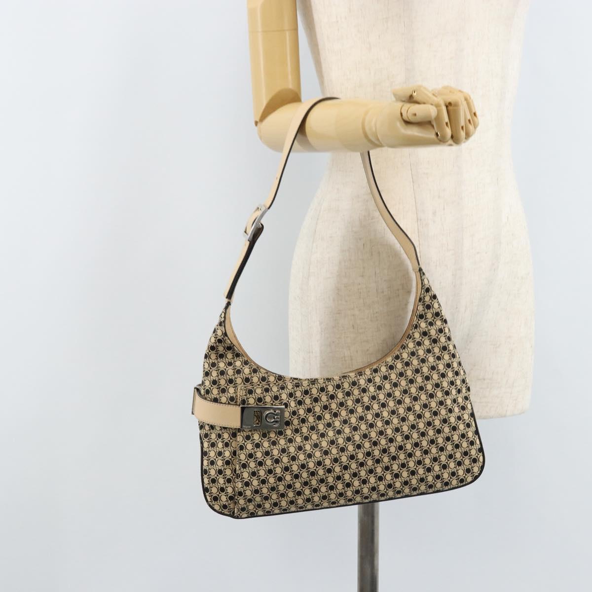 Salvatore Ferragamo Gancini Shoulder Bag Canvas Beige Silver Auth ka2988
