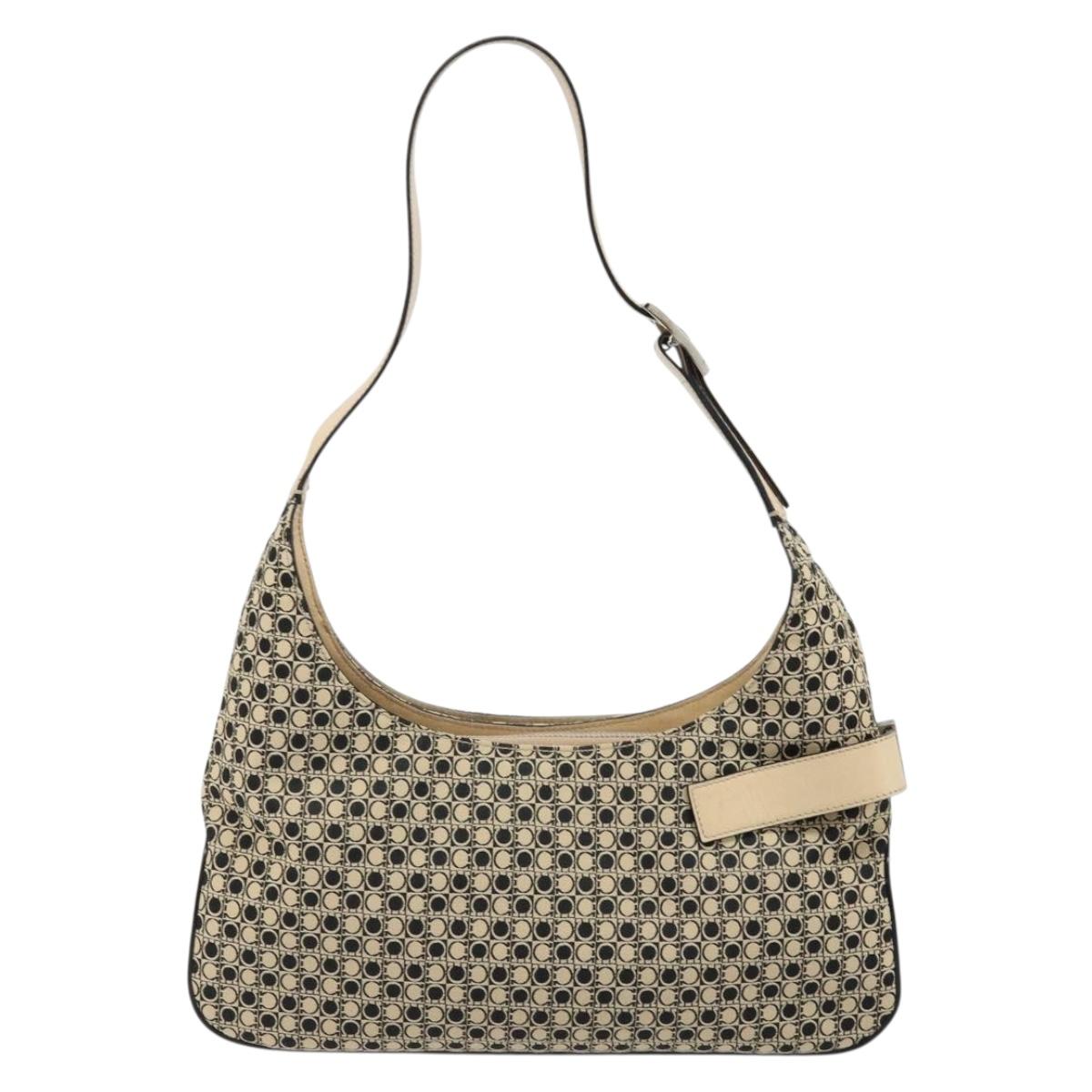 Salvatore Ferragamo Gancini Shoulder Bag Canvas Beige Silver Auth ka2988