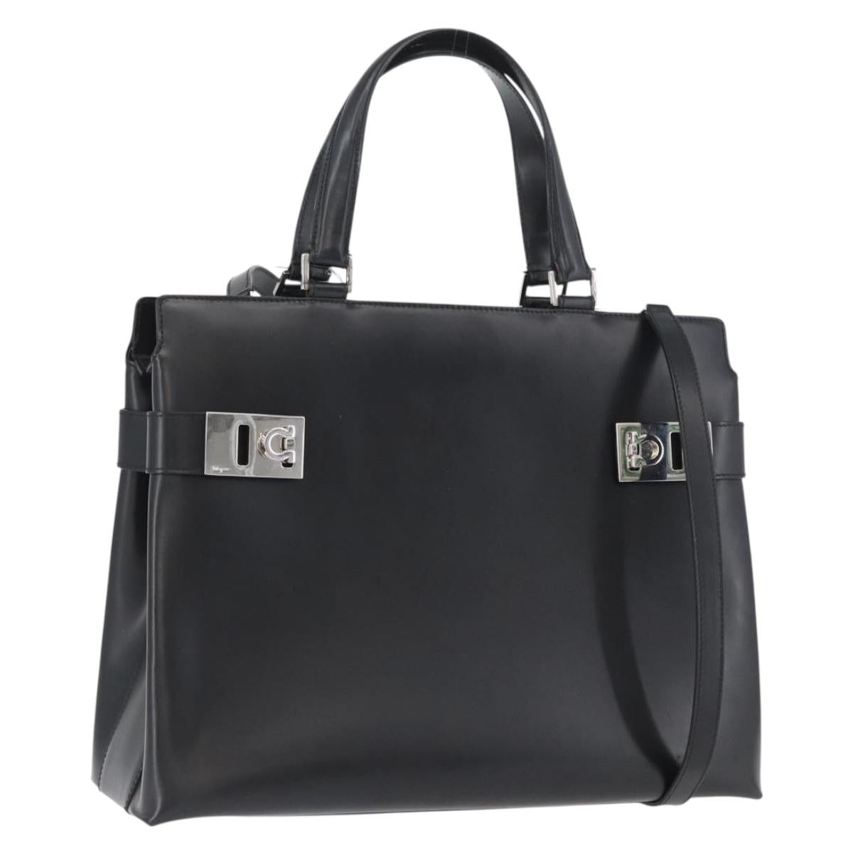 Salvatore Ferragamo Hand Bag Leather 2way Black Silver Auth ka3005