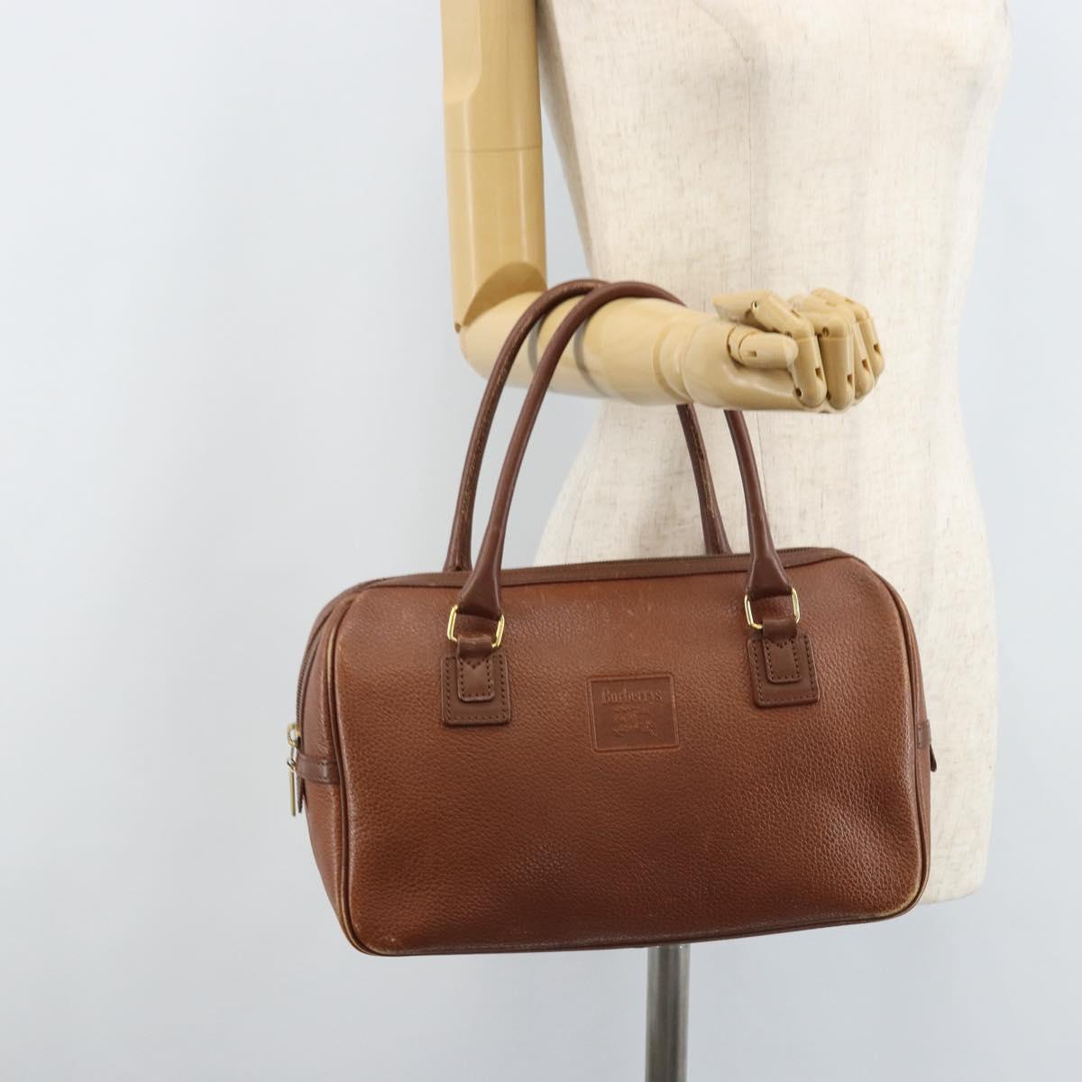 Burberrys Hand Bag Leather Brown Gold Auth ka3026