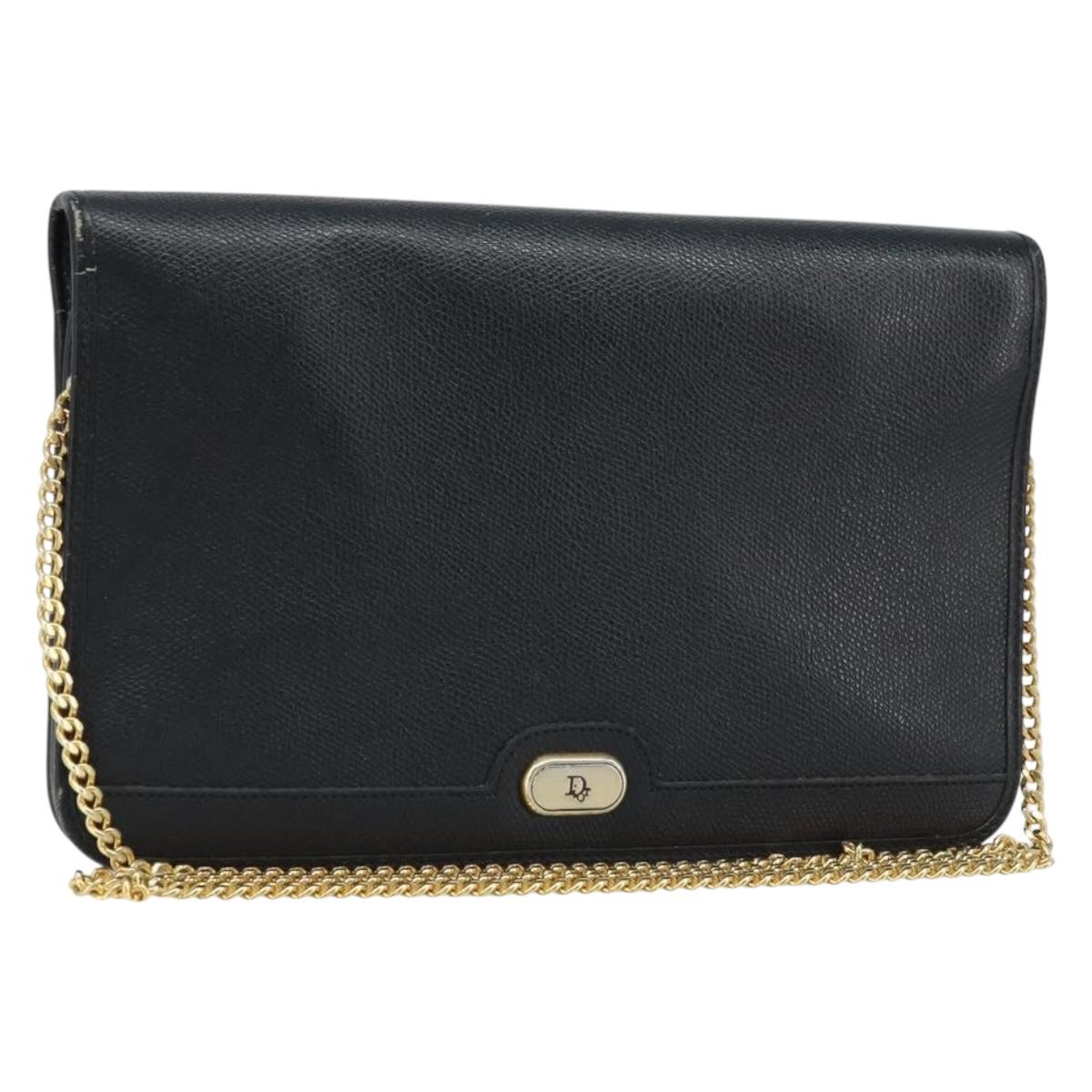 Christian Dior Chain Shoulder Bag Leather Black Gold Auth ka3037