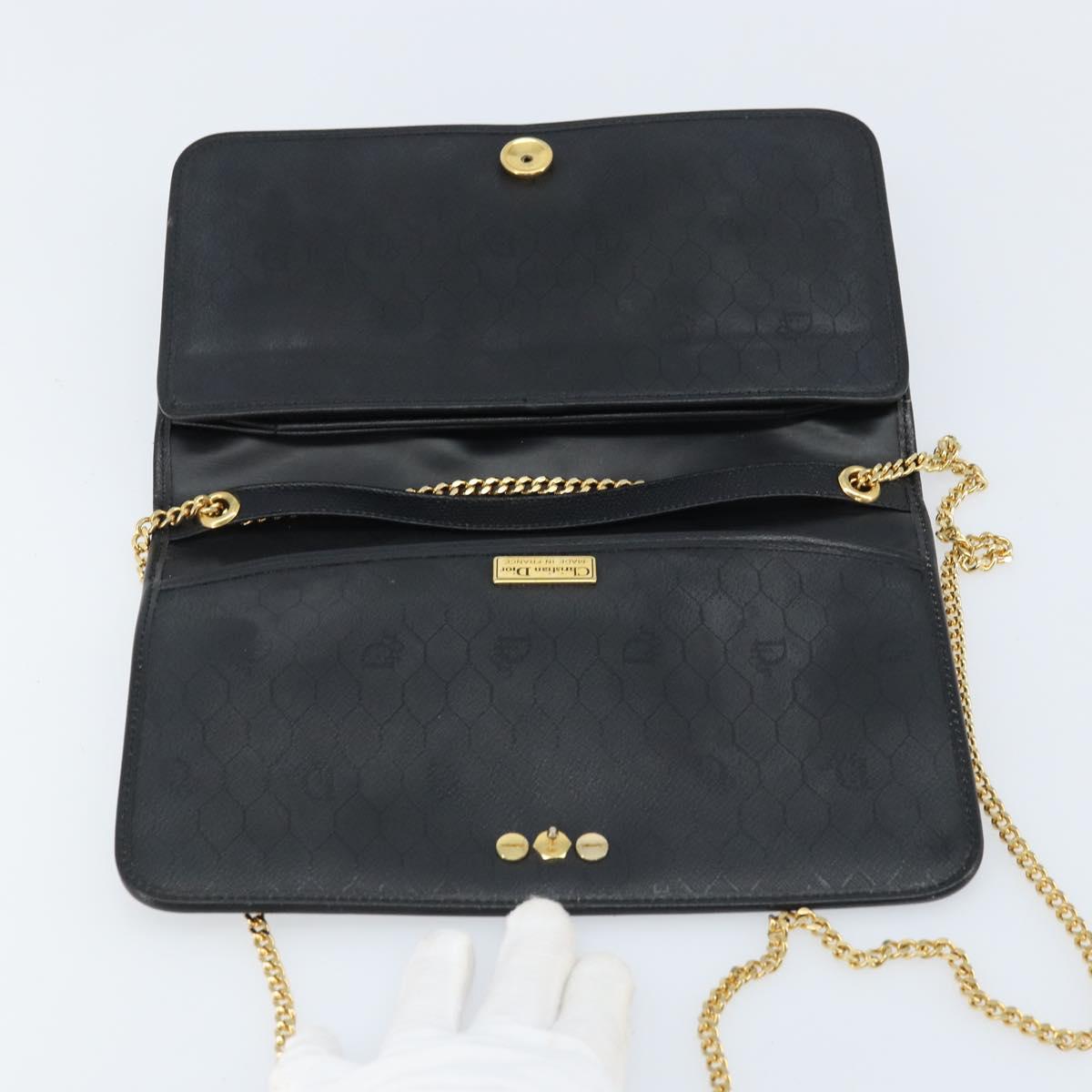 Christian Dior Chain Shoulder Bag Leather Black Gold Auth ka3037