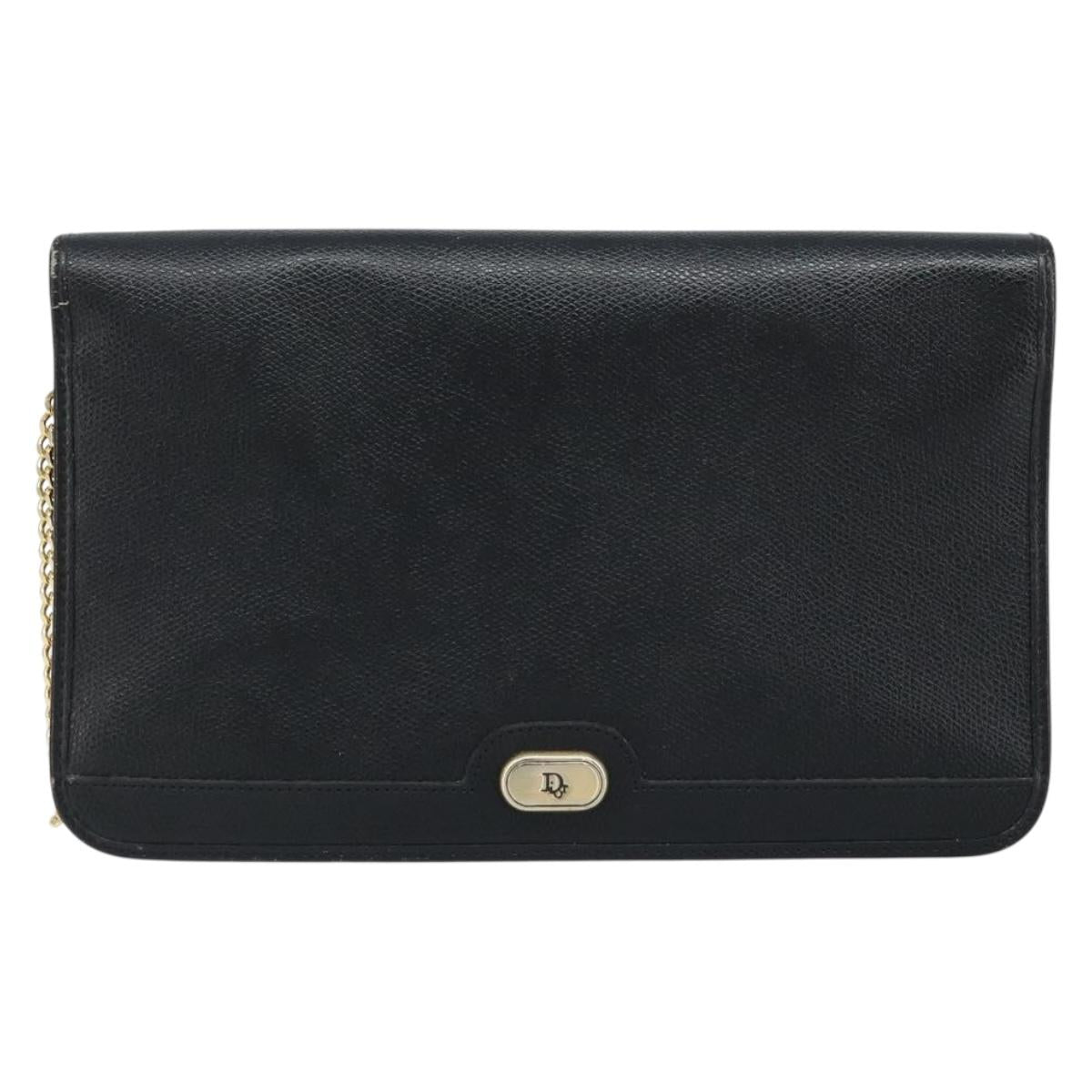 Christian Dior Chain Shoulder Bag Leather Black Gold Auth ka3037