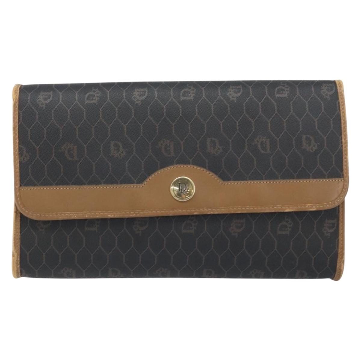 Christian Dior Honeycomb Canvas Chain Shoulder Bag PVC Black Gold Auth ka3038