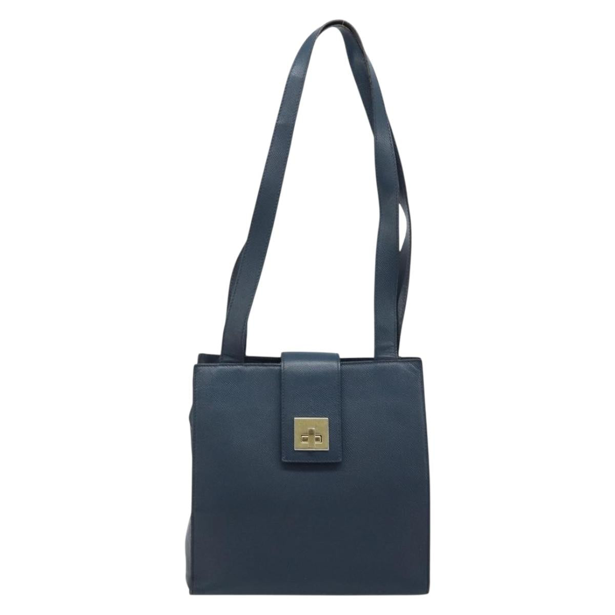 CELINE Shoulder Bag Leather Navy Gold Auth ka3054