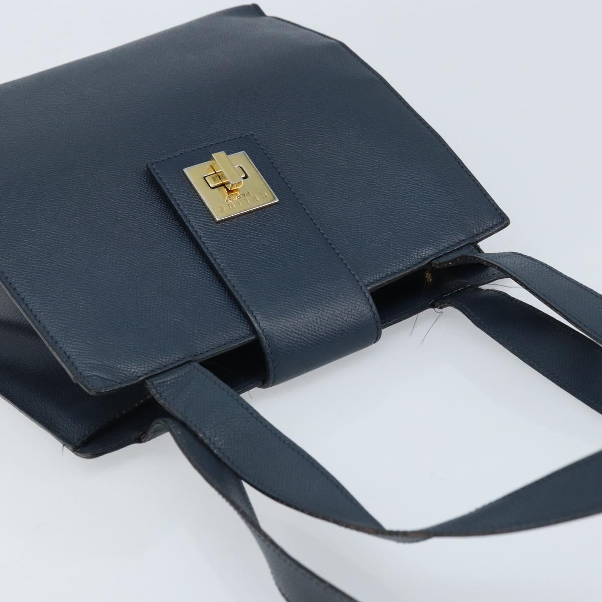 CELINE Shoulder Bag Leather Navy Gold Auth ka3054