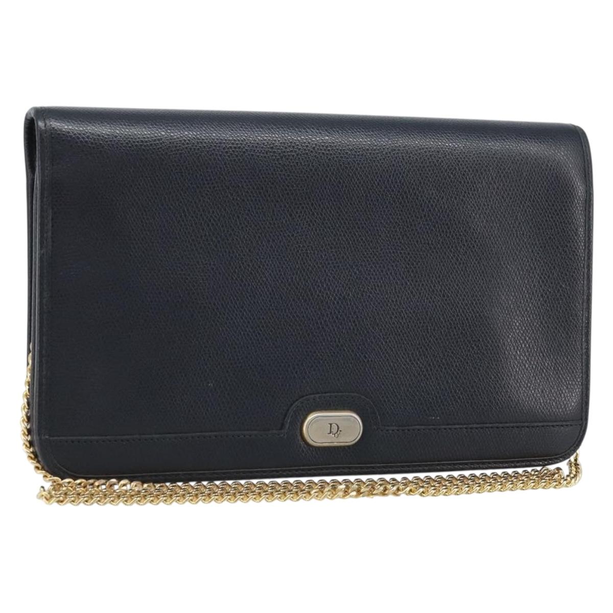 Christian Dior Honeycomb Canvas Chain Bag Leather Black Gold Auth ka3067