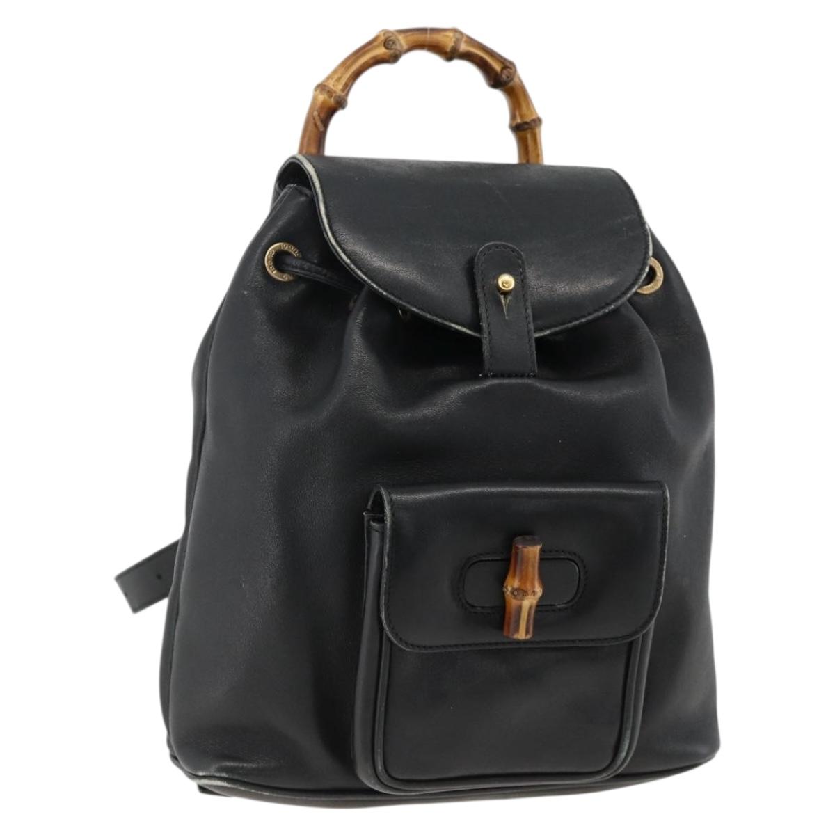 GUCCI Bamboo Backpack Leather Black Gold 003 2034 0030 Auth ka3090