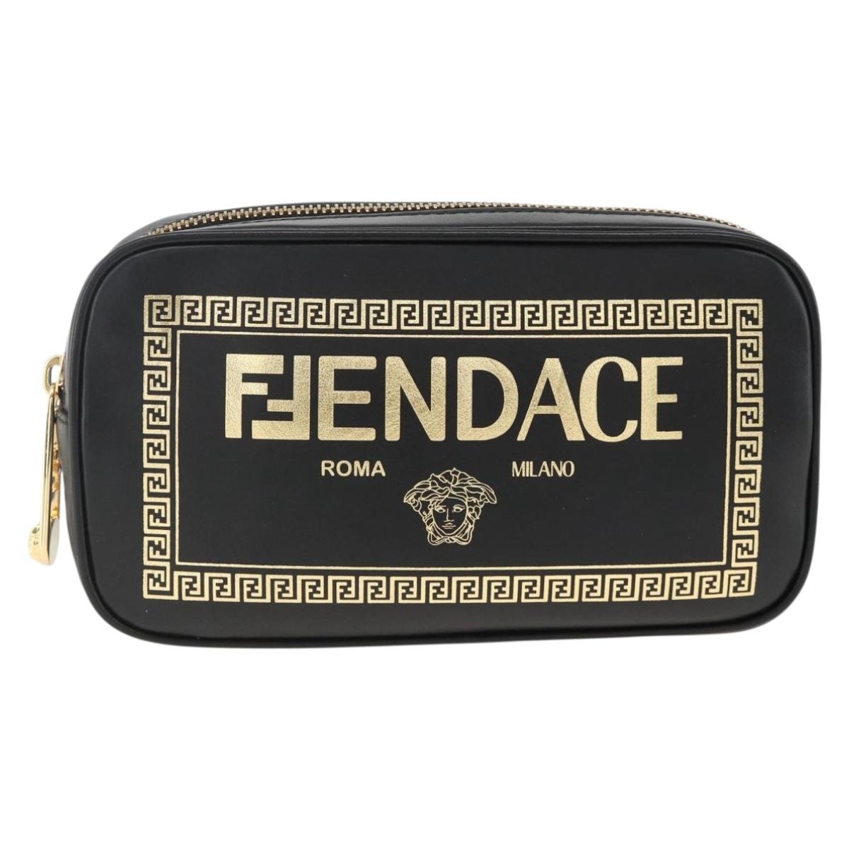 FENDI Versace collaboration Shoulder Bag Leather Black Gold Auth ka3101V
