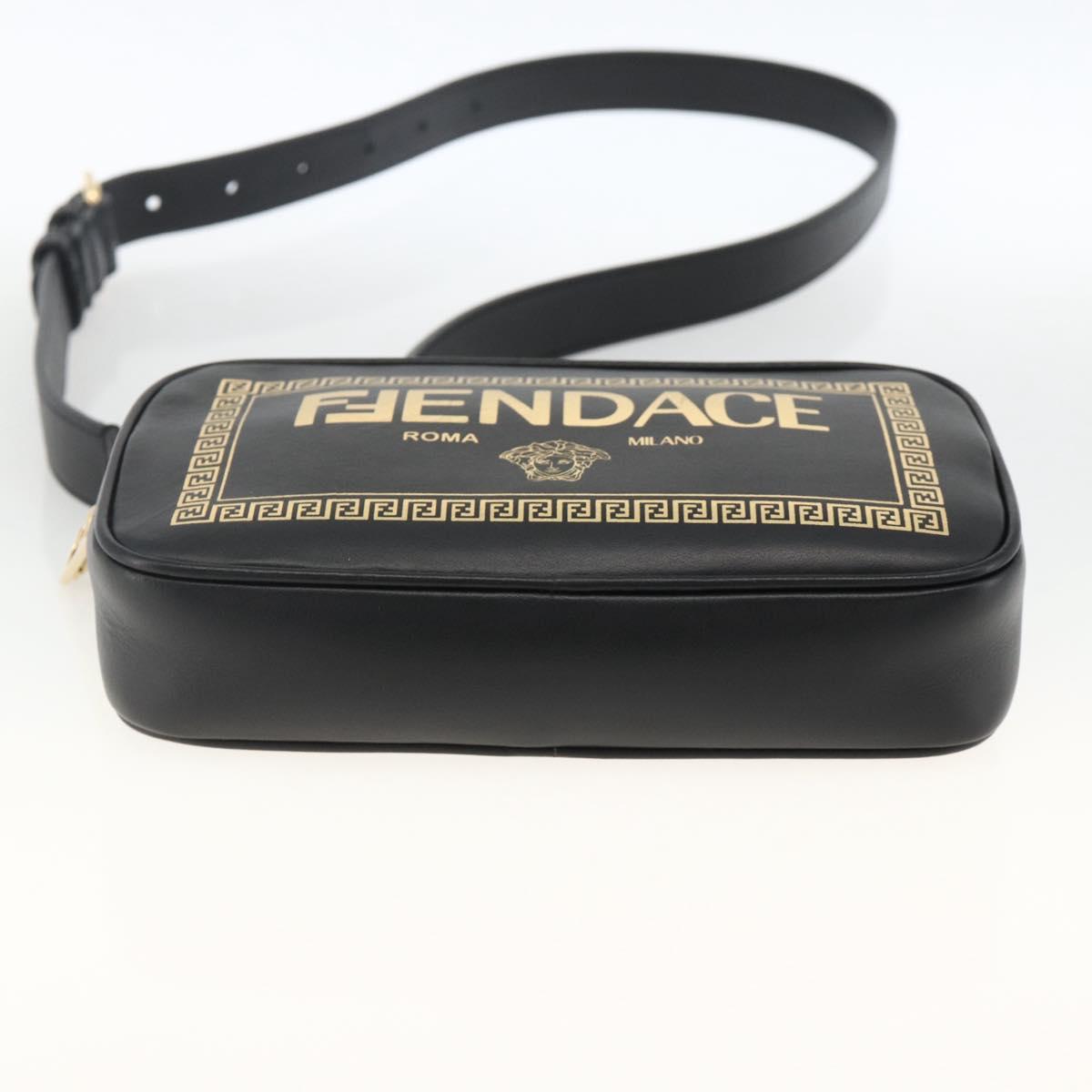 FENDI Versace collaboration Shoulder Bag Leather Black Gold Auth ka3101V