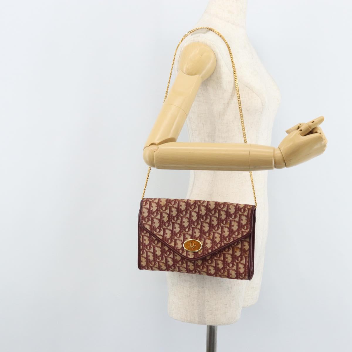Christian Dior Trotter Canvas Chain Shoulder Bag Red Gold Auth ka3104