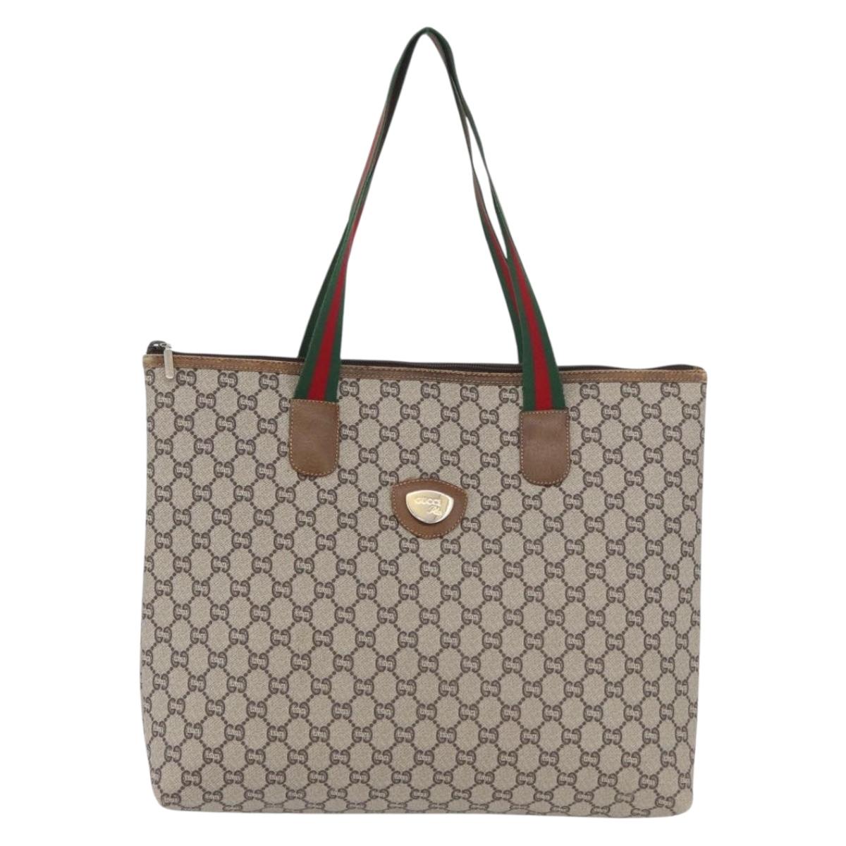 GUCCI GG Plus Supreme Web Sherry Line Tote Bag PVC Beige Red Auth ka3107