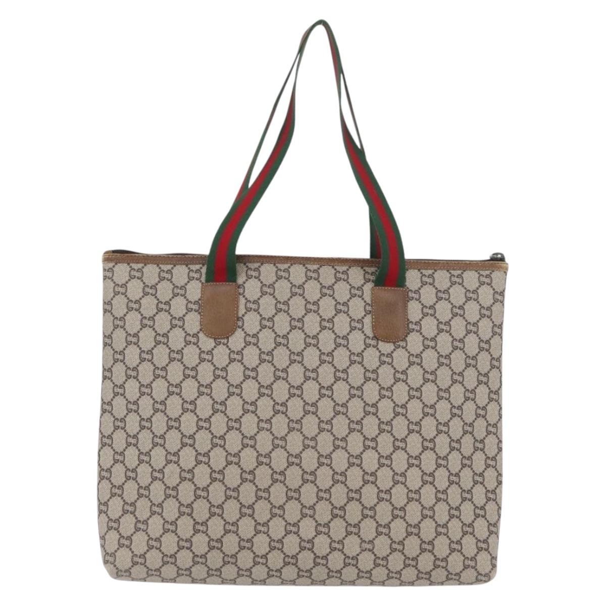 GUCCI GG Plus Supreme Web Sherry Line Tote Bag PVC Beige Red Auth ka3107