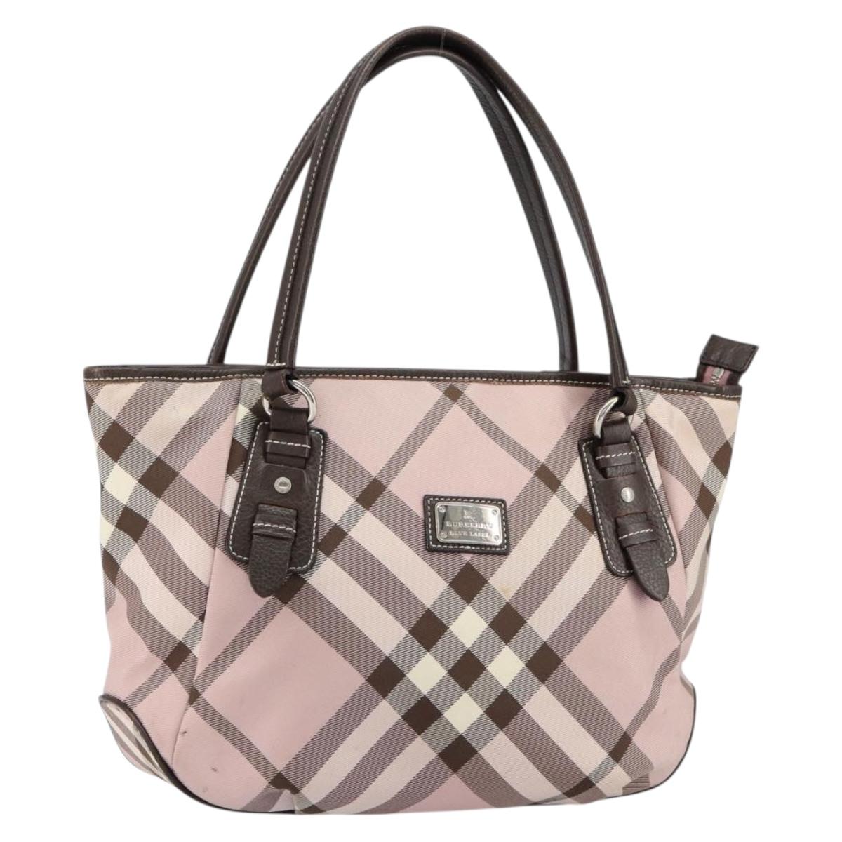BURBERRY Nova Check Blue Label Tote Bag Nylon Silver Pink Auth ka312