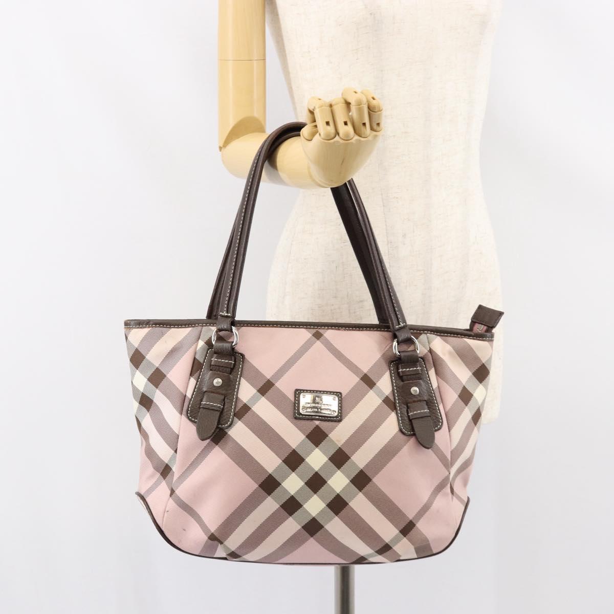 BURBERRY Nova Check Blue Label Tote Bag Nylon Silver Pink Auth ka312