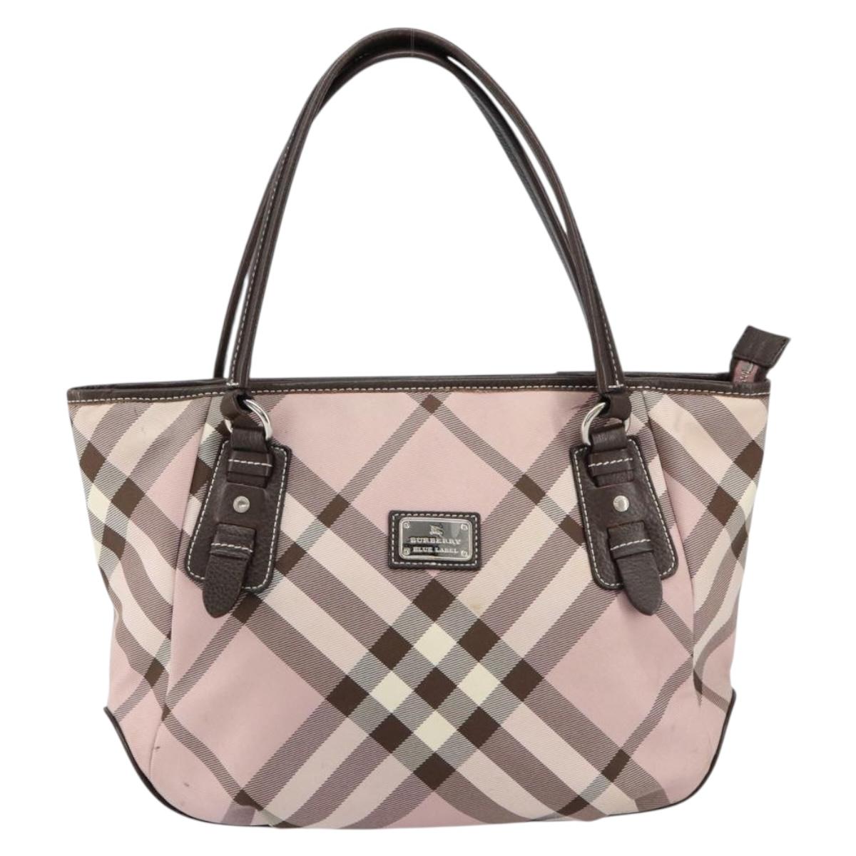 BURBERRY Nova Check Blue Label Tote Bag Nylon Silver Pink Auth ka312