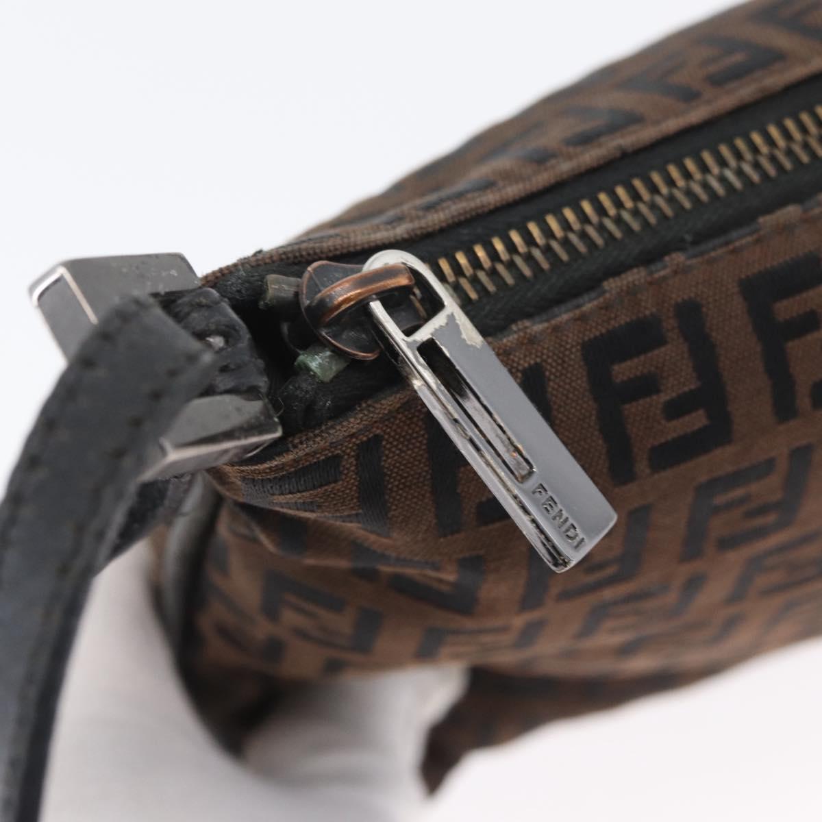 FENDI Zucchino Canvas Mamma Baguette Shoulder Bag Dark Brown Silver Auth ka3125