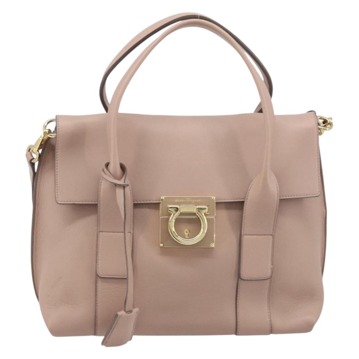 Salvatore Ferragamo Gancini Hand Bag Leather 2way Beige Gold Auth ka3143A