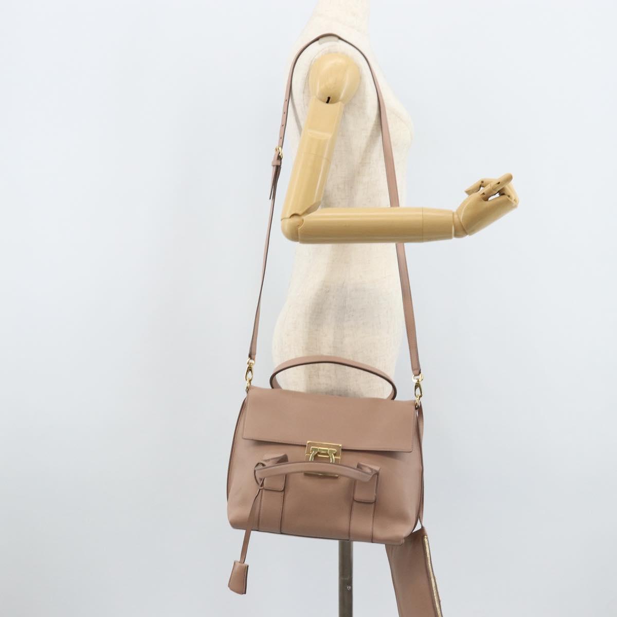 Salvatore Ferragamo Gancini Hand Bag Leather 2way Beige Gold Auth ka3143A