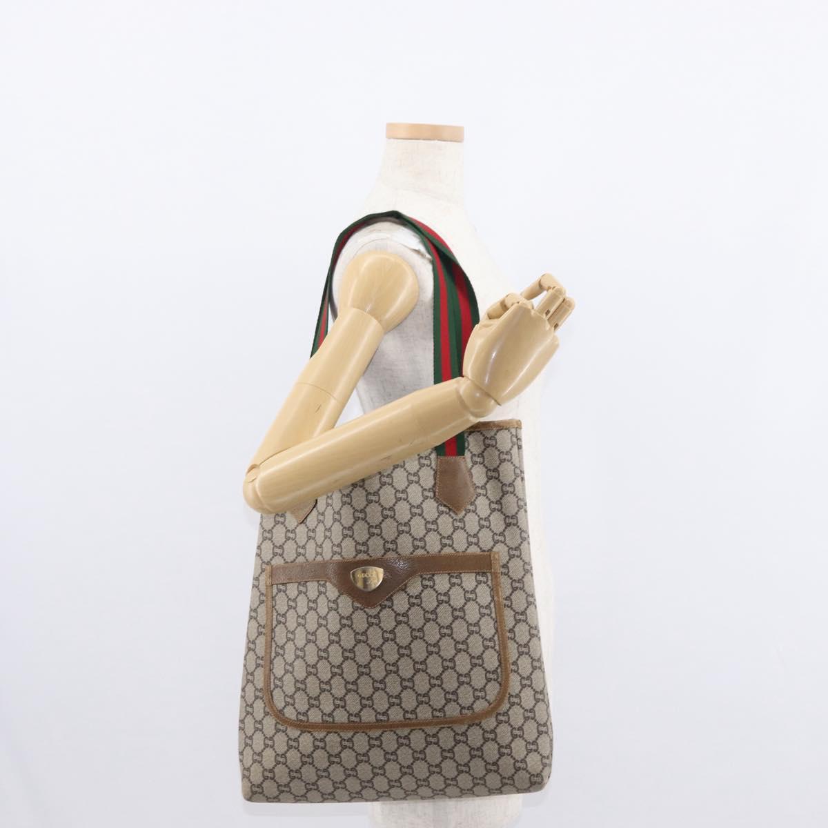 GUCCI GG Plus Supreme Web Sherry Line Tote Bag PVC Beige Red Green Auth ka315