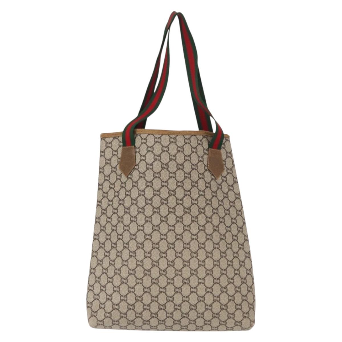 GUCCI GG Plus Supreme Web Sherry Line Tote Bag PVC Beige Red Green Auth ka315