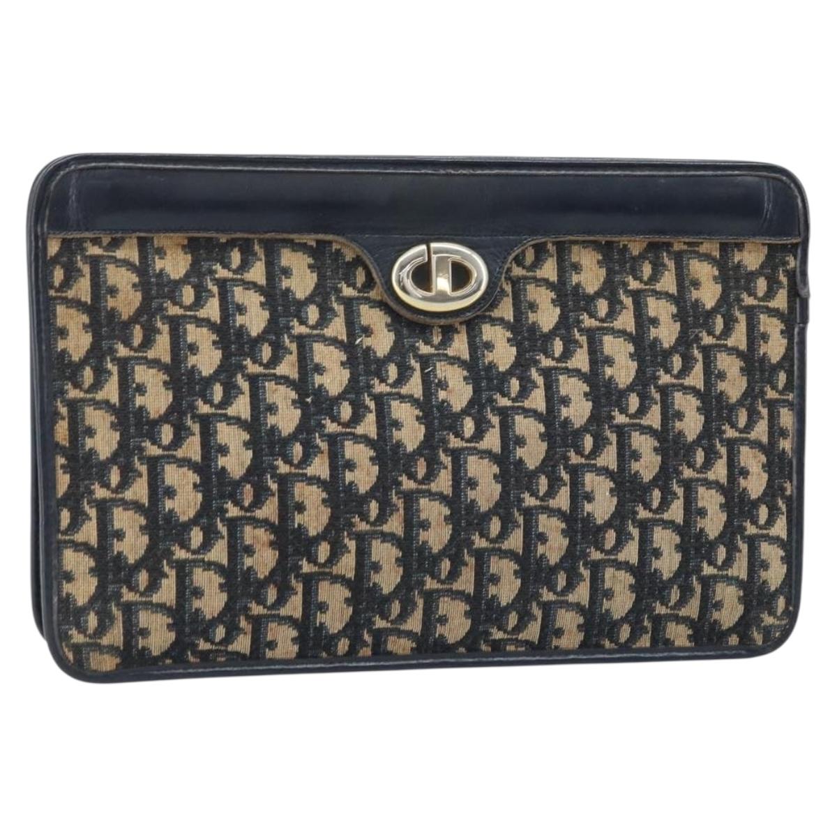 Christian Dior Trotter Canvas Clutch Bag Navy Gold Auth ka3155