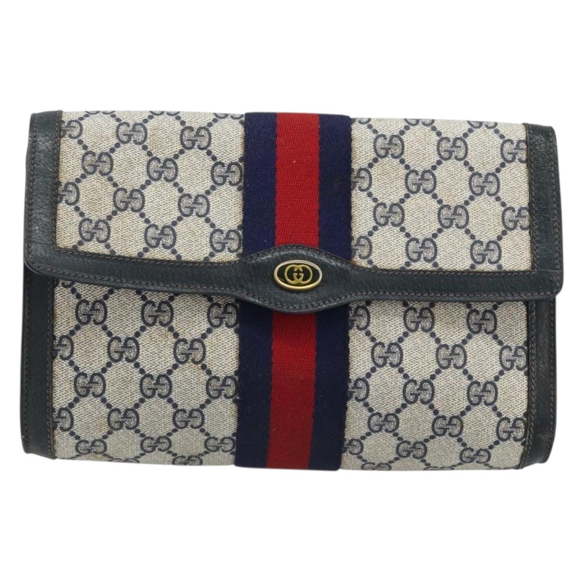 GUCCI GG Supreme Sherry Line Clutch Bag PVC Navy Gold Red 89 01 006 Auth ka3173