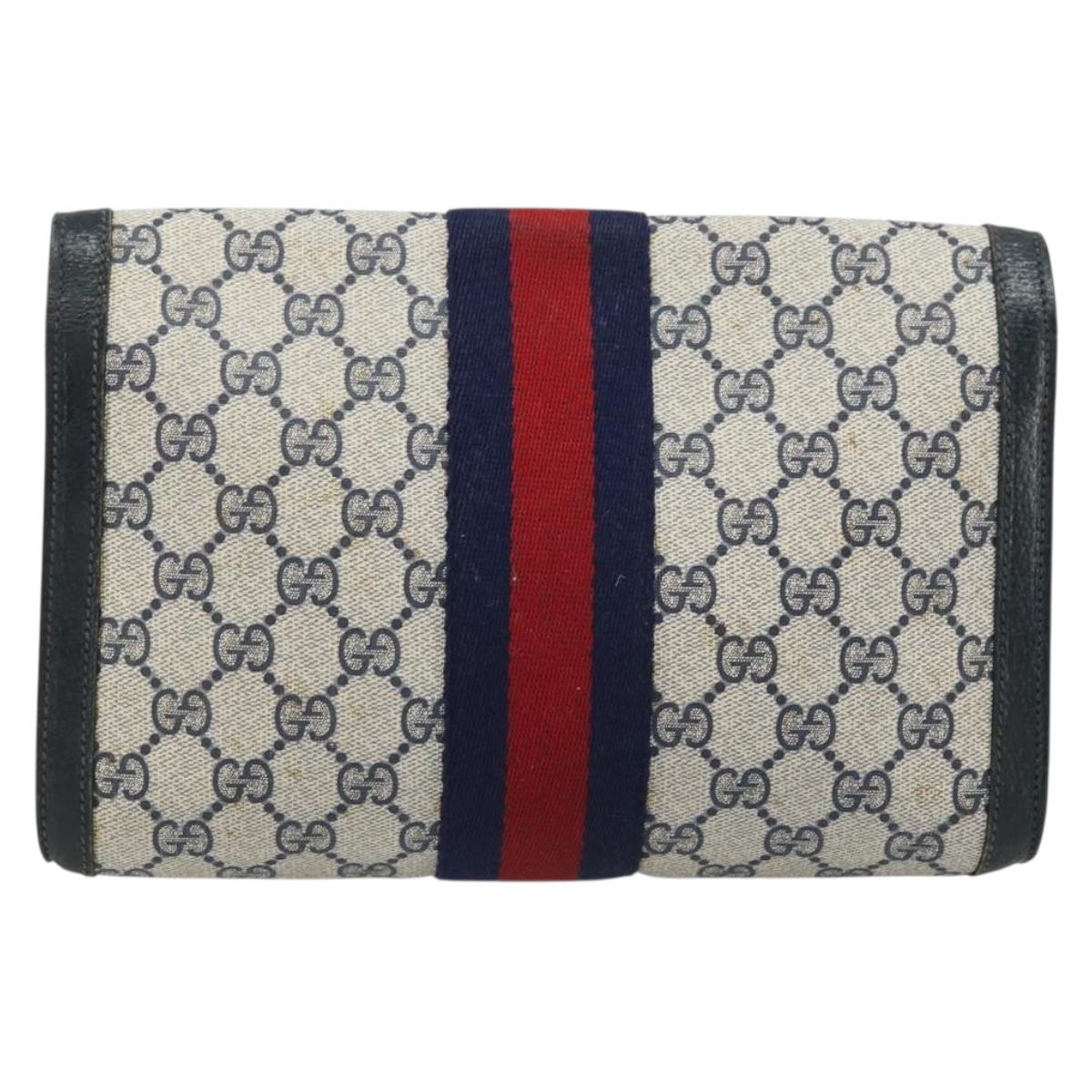 GUCCI GG Supreme Sherry Line Clutch Bag PVC Navy Gold Red 89 01 006 Auth ka3173