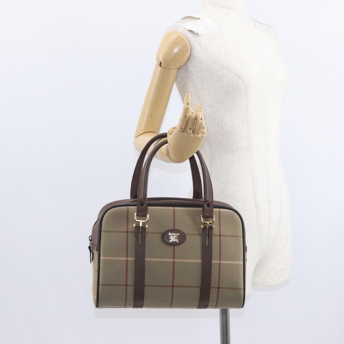 Burberrys Nova Check Boston Bag Canvas Leather Beige Gold Auth ka319