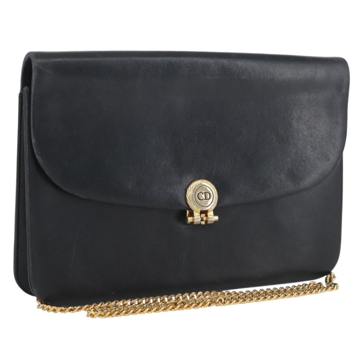 Christian Dior Chain Shoulder Bag Leather Black Gold Auth ka3196