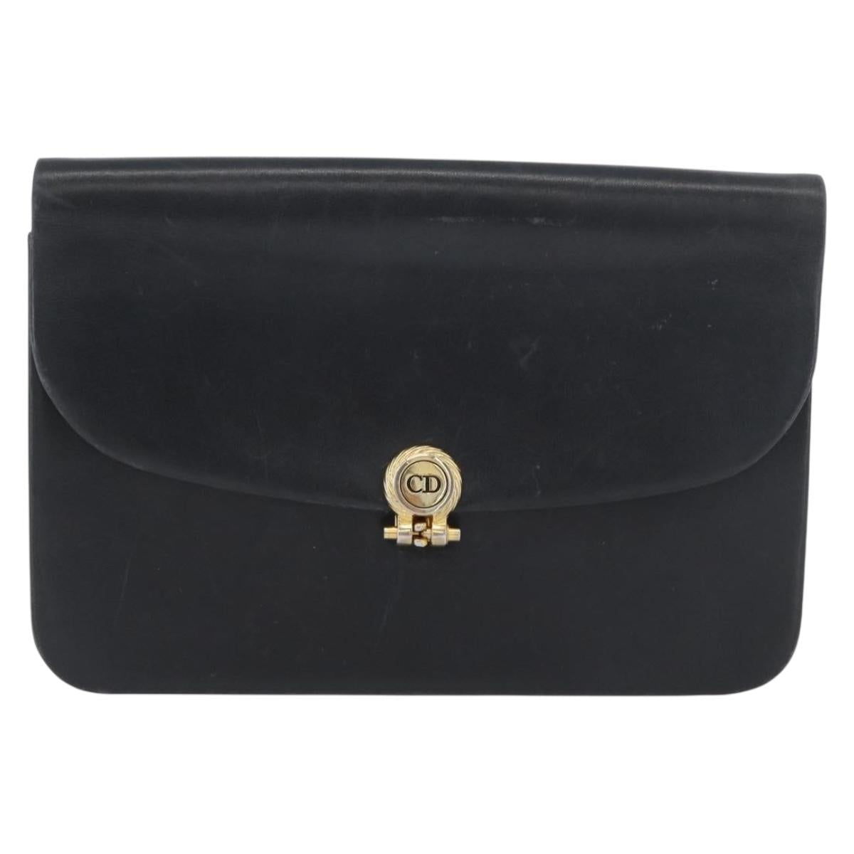 Christian Dior Chain Shoulder Bag Leather Black Gold Auth ka3196