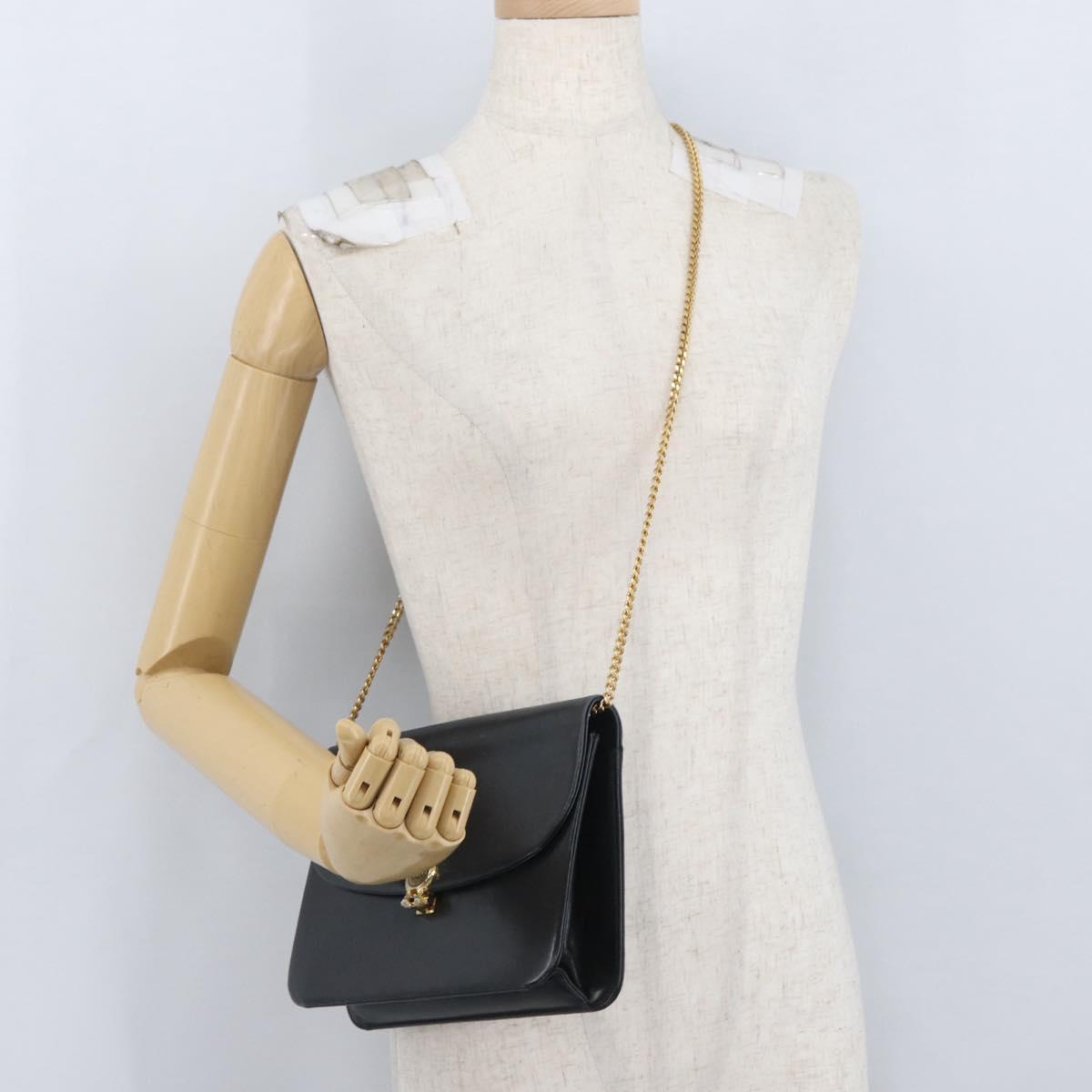 Christian Dior Chain Shoulder Bag Leather Black Gold Auth ka3196