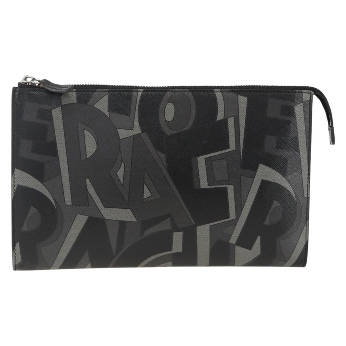 Salvatore Ferragamo Clutch Bag Leather Black Silver Auth ka3207