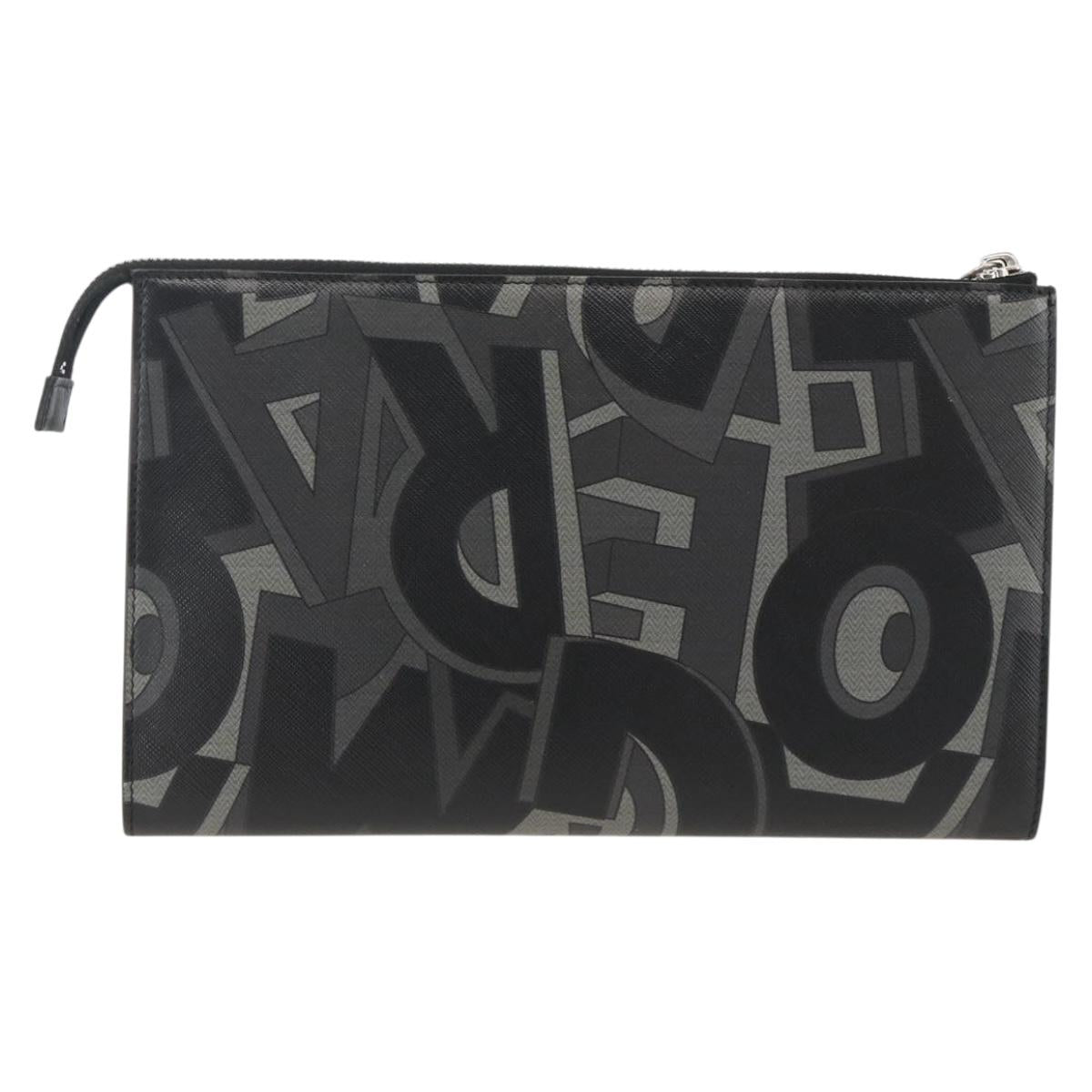 Salvatore Ferragamo Clutch Bag Leather Black Silver Auth ka3207
