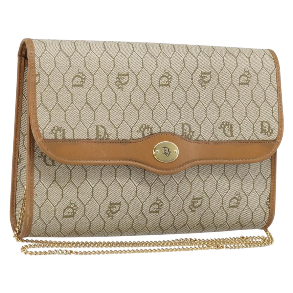 Christian Dior Honeycomb Canvas Chain Shoulder Bag PVC Beige Gold Auth ka3209